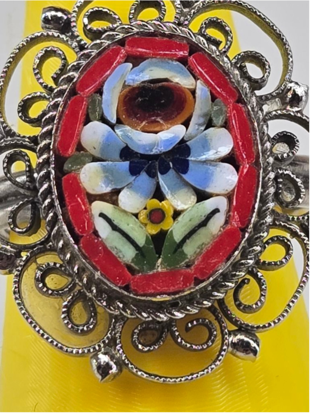 Micro Mosaic Ring Adjustable Ornate Silver Oval Frame Red Blue Floral Detailed - Picture 3 of 9